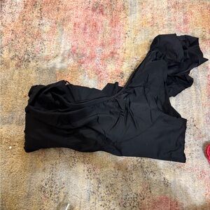 One Shoulder Ruffle Black Swimsuit Top